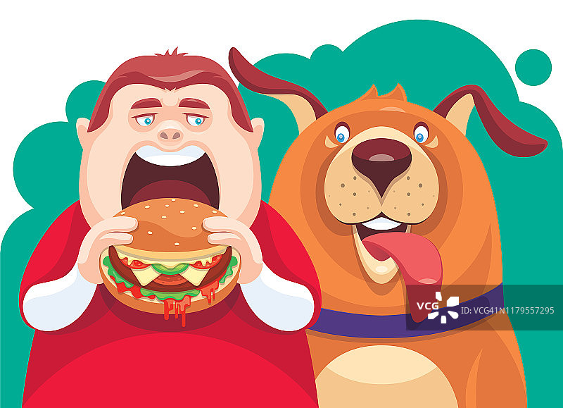 胖男孩和狗一起吃汉堡包图片素材