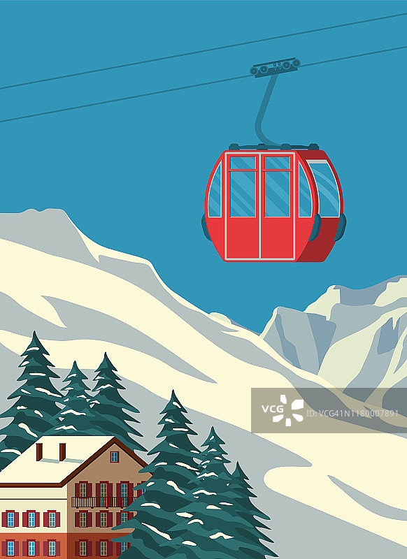 滑雪胜地与红色缆车，木屋，冬季山景观，雪坡。阿尔卑斯山旅游复古海报，复古。矢量平面插图。图片素材