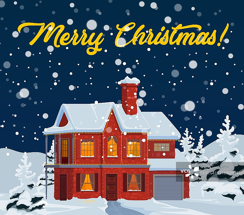 圣诞假期的房子与圣诞灯和雪图片素材