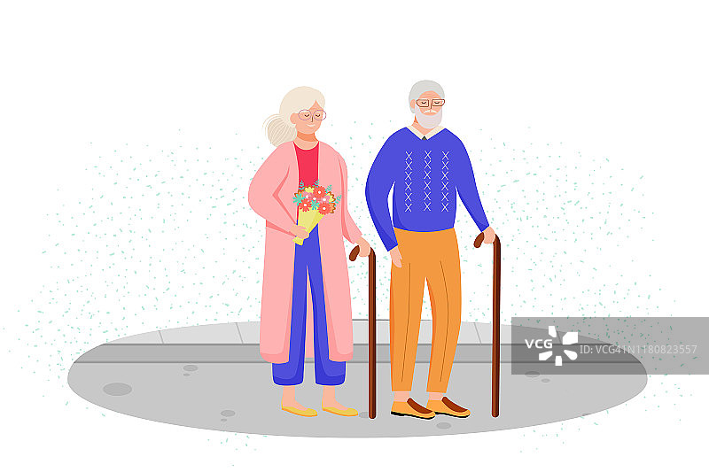 退休人员平面矢量插图。家中有老年拐杖。老夫妻花时间在一起。户外散步。老妇人捧着一束花。领取养老金的卡通人物图片素材