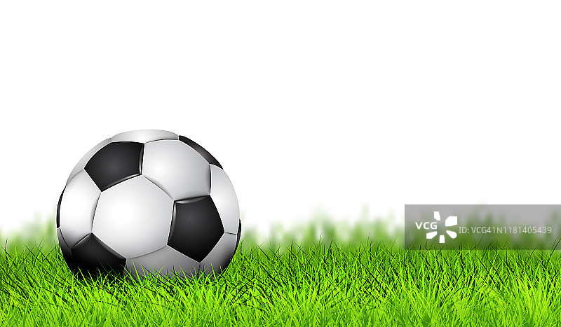 逼真的足球作为Simbol足球在操场上。以绿草为背景的足球设计。封面横幅，海报，排版设计。矢量插图。每股收益10图片素材