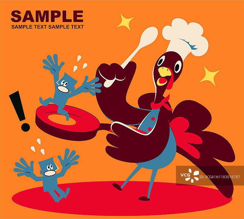 巨型火鸡厨师在传统感恩节用平底锅烹煮蓝人图片素材