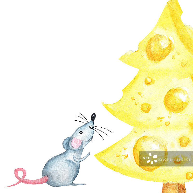有老鼠的圣诞奶酪树。2020年的新年贺卡。水彩画一片三角形的黄色奶酪。老鼠最喜欢的食物。白底插图图片素材