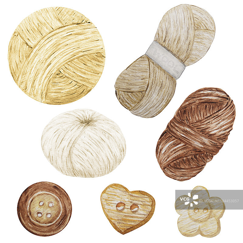 水彩剪辑艺术爱好编织和钩编，羊毛纱线，纽扣可爱的剪纸组。编织用的手工绘制的纱线球图片素材