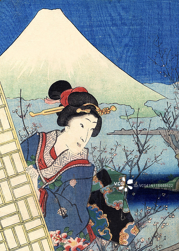 传统的木版版画女人与富士山图片素材