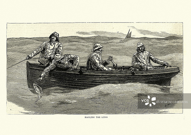 在北海钓鳕鱼，拖线，维多利亚，1880年图片素材