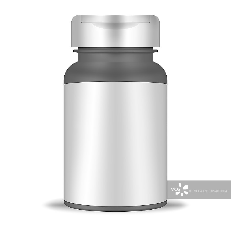 圆筒塑料瓶与空白标签和螺旋翻转顶盖，现实的模型。圆形容器隔离在白色背景，向量模板。医药包，模型图片素材