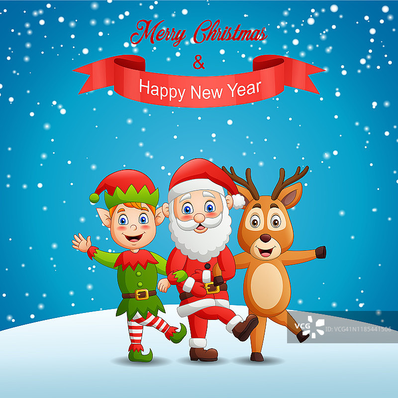 圣诞快乐，新年快乐冬季景观背景与圣诞老人，鹿和精灵图片素材