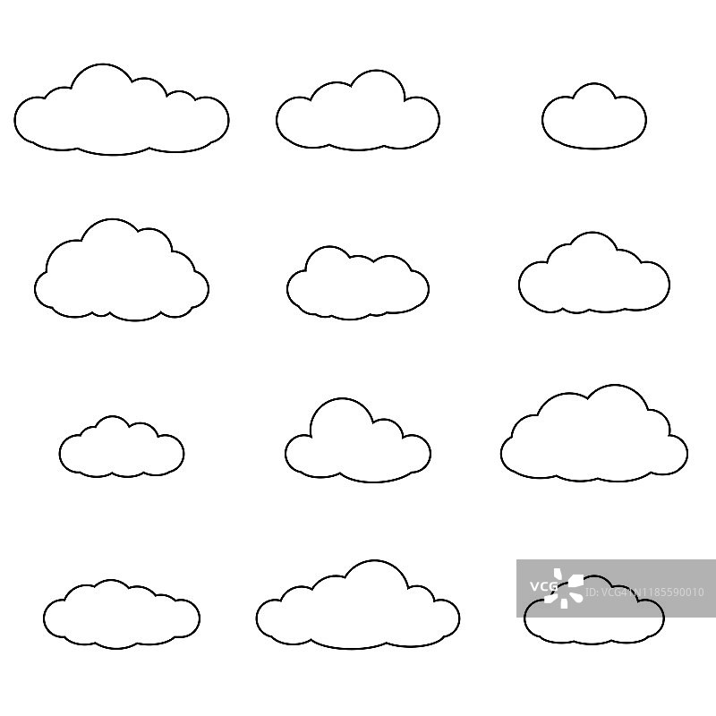 云的轮廓。云线图标集合孤立在白色背景上。矢量插图。图片素材