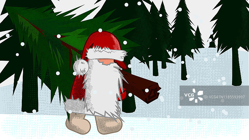 有趣的圣诞老人携带在森林冷杉树-圣诞矢量插图。图片素材