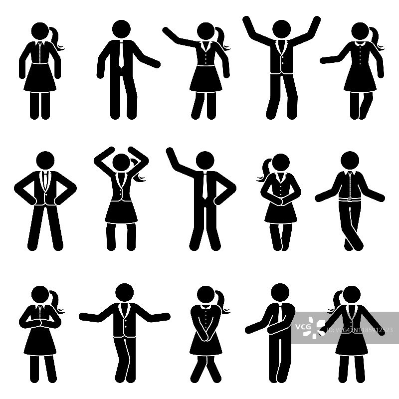 Stick figure business男女站前视图不同姿态矢量图标象形集合。黑白裁剪出办公室男女人物在白色背景上的剪影图片素材