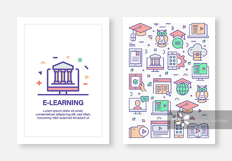 E-Learning概念线风格封面设计的年度报告，传单，小册子。图片素材