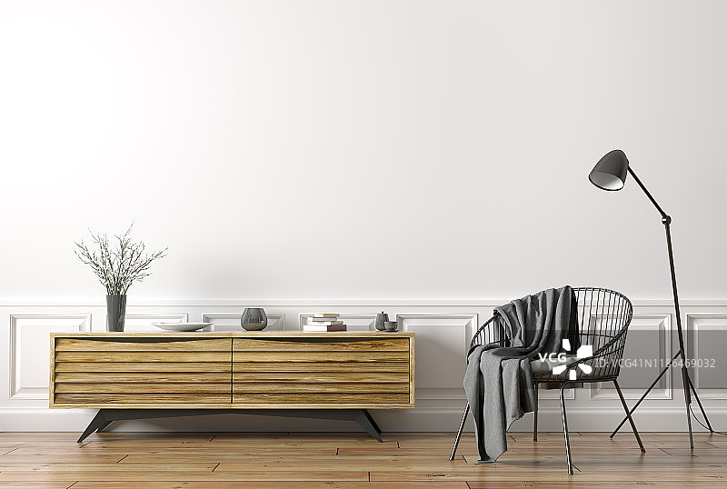 客厅内部有扶手椅和木制餐具柜3d渲染图片素材
