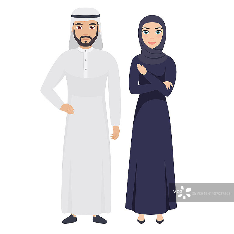 穆斯林男人和女人。人们穿着民间服装。夫妻，丈夫和妻子。图片素材