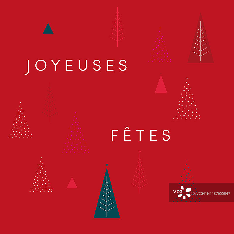 Joyeuses盛宴!节日贺卡，圣诞快乐网络横幅，时尚的零售海报或横幅。永恒的贺卡设计，通讯标题。风格化的圣诞树，雪花，红色的背景色，简约的现代和优雅的风格图片素材