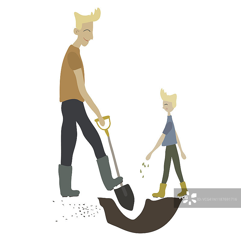 父亲和儿子春天或夏天园艺。年轻的成年人带着铲子和可爱的男孩带着种子做园艺工作-种植，生长芽。男性角色。矢量插图在平面卡通风格图片素材
