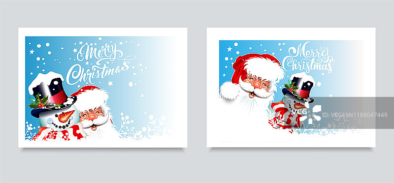 给你设计的圣诞卡。两个可爱的形象，快乐的圣诞老人和快乐的雪人在蓝色的背景。标题:圣诞快乐。设计模板:贺卡，横幅，海报图片素材