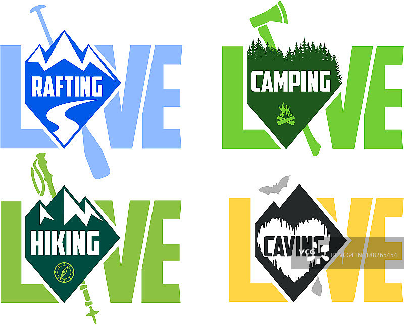 集矢量露营，徒步旅行，洞穴和漂流标志标签图片素材
