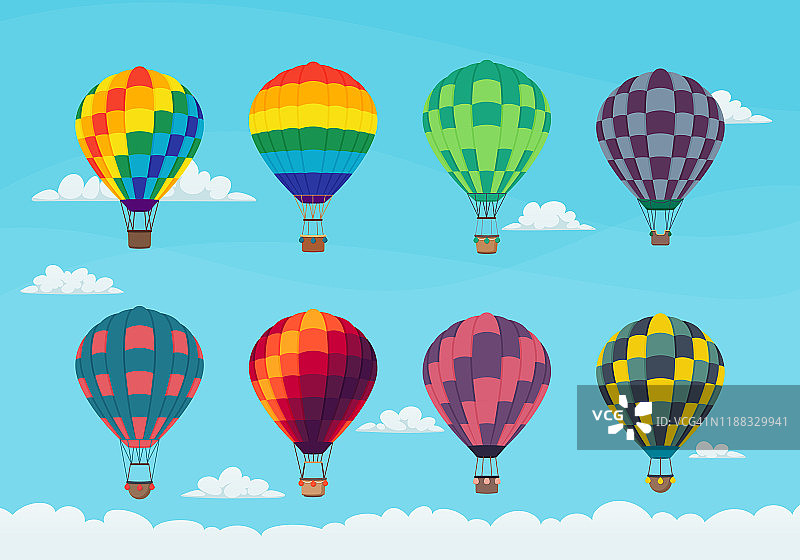 一组色彩鲜艳的热气球在天空中布满了云彩。图标设计。向量。图片素材