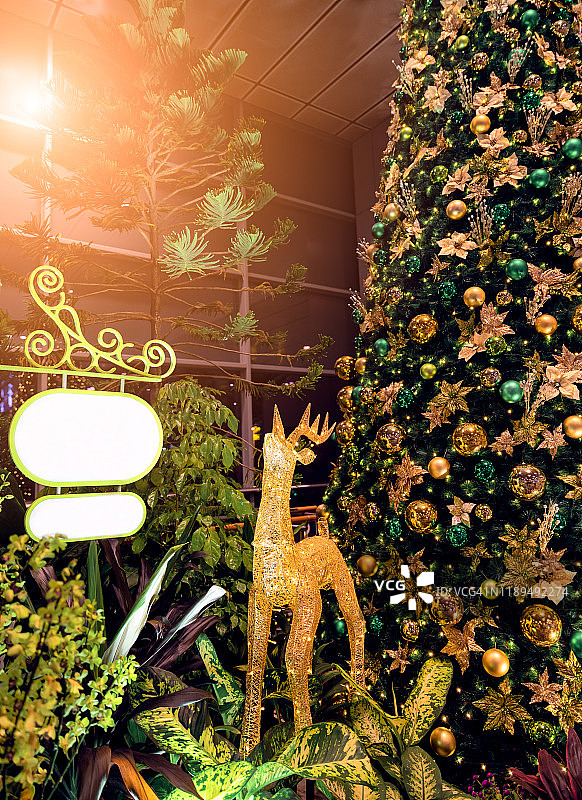 新加坡室内圣诞树和驯鹿装饰。图片素材