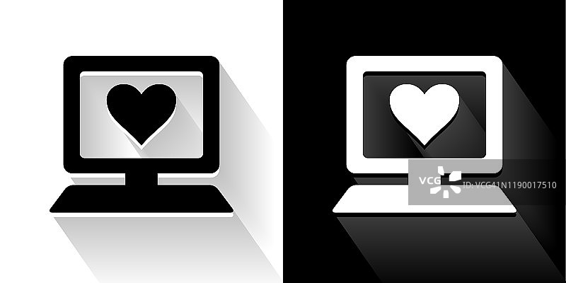 电脑和心黑色和白色图标与长影子图片素材