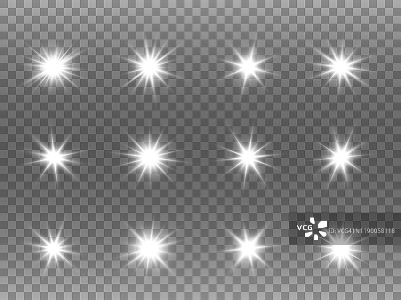 白光闪烁的星星落下。灯光爆炸在透明的背景。圣诞模板与闪耀的光芒。白色闪光集合。明亮的粒子。矢量图图片素材