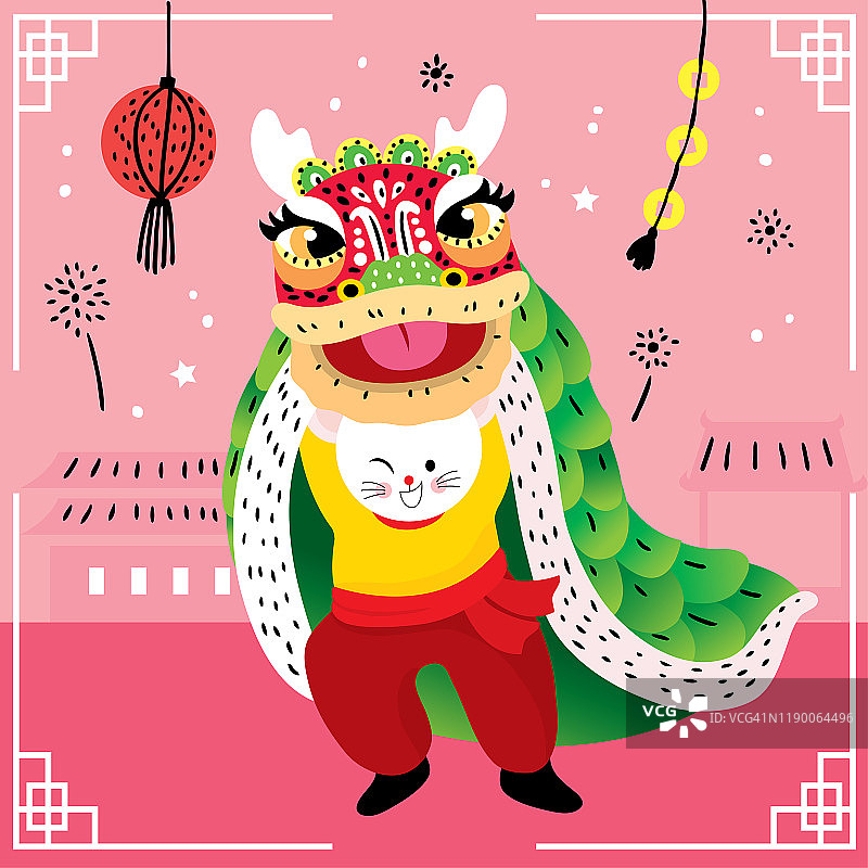 卡通可爱翻译快乐中国新年2020小白鼠舞吉祥物中国狮子向量。图片素材