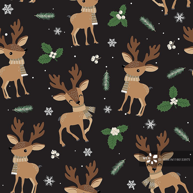圣诞无缝图案与驯鹿背景，冬季图案与鹿，包装纸，图案填充，冬季问候，网页背景，圣诞和新年贺卡图片素材