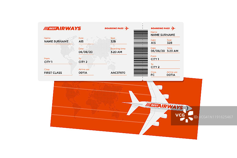 现实的机票登机牌设计模板乘客的名字和条码。乘飞机飞行红色文档矢量插图图片素材
