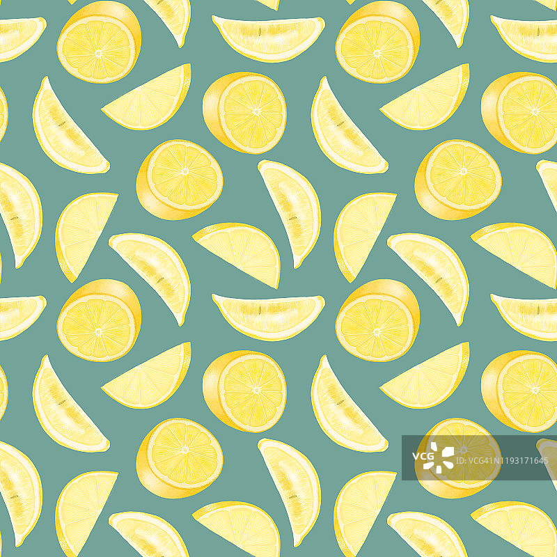 无缝模式与手绘柠檬在一个蓝色的背景图片素材