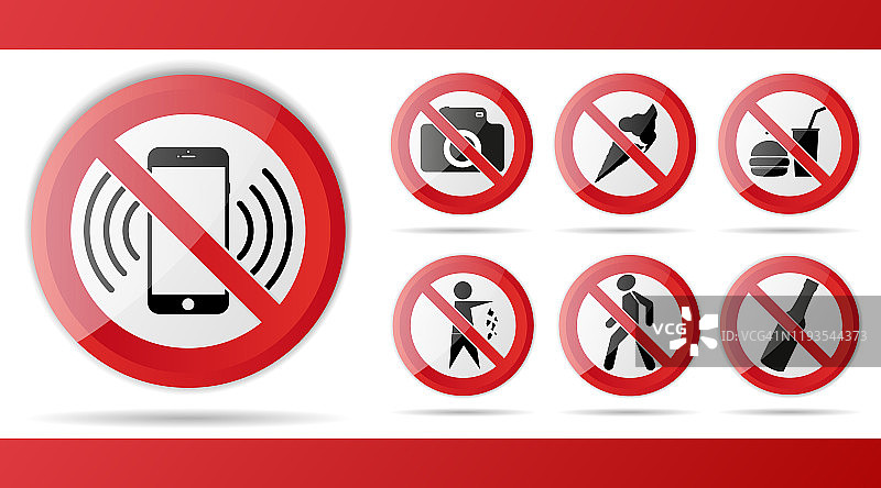 设置红色禁止停止标志，警告，禁止进入，没有进入标志，矢量图形插图，孤立在白色背景与物体手机，电话，相机，照片，冰淇淋，食物，饮料，垃圾图片素材