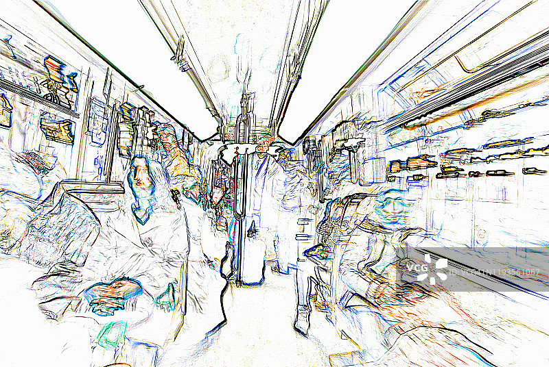巴黎地铁的用户在非高峰时间乘车前往下一站。采用负像技术和数字合成技术。图片素材