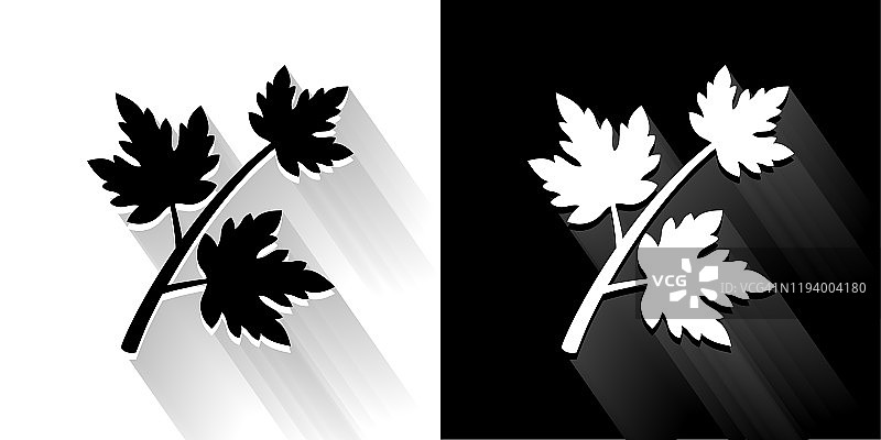 树枝和树叶黑色和白色图标与长影子图片素材