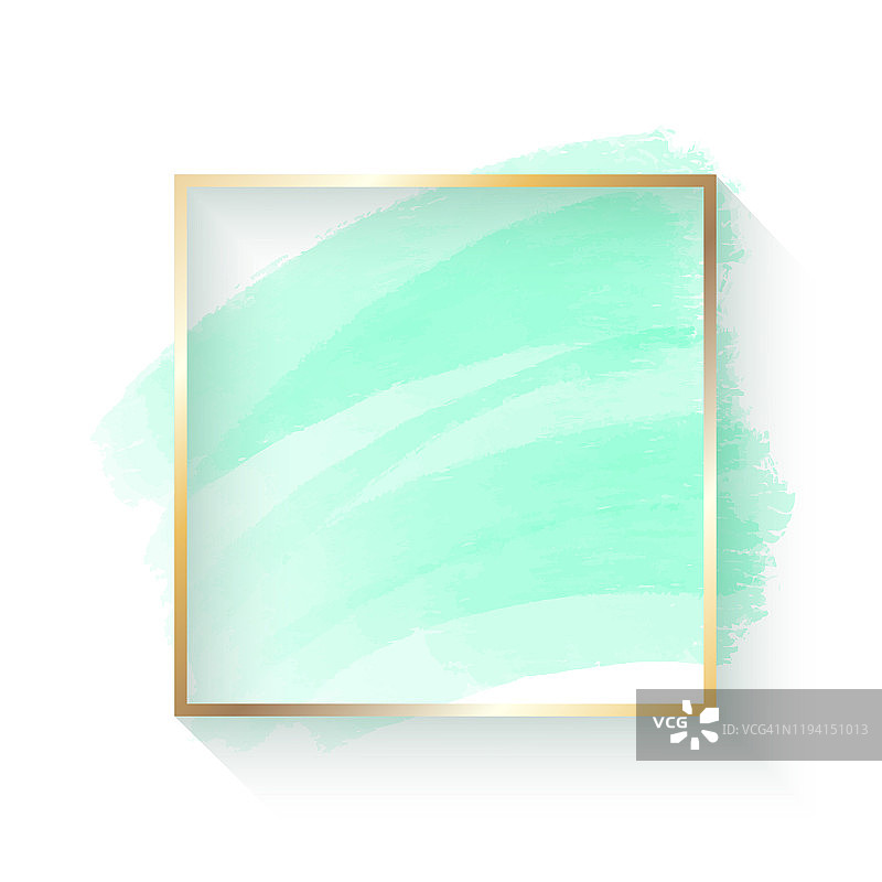 抽象的蓝色绿松石色油漆笔触与金色框架隔离在白色背景。贺卡和标签的设计元素。抽象现代蓝绿色背景。图片素材