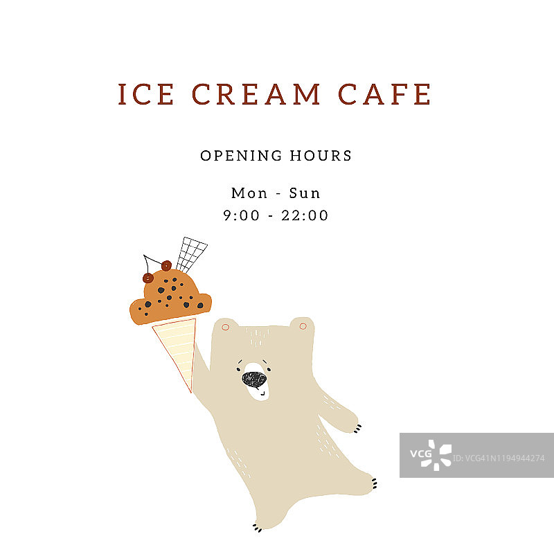 矢量模板咖啡馆或商店与手绘插图。可爱的小北极熊和冰淇淋。图片素材