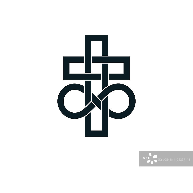 不朽的上帝概念符号结合无限循环符号和基督教十字架，向量创意标志。图片素材