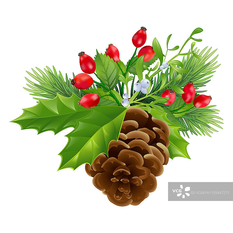 用圣诞树的树枝、浆果和槲寄生装饰的松果。圣诞节自然装饰。图片素材