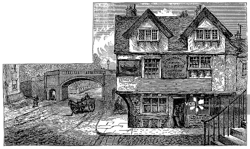 英国切斯特下桥街的布里奇盖特——19世纪图片素材