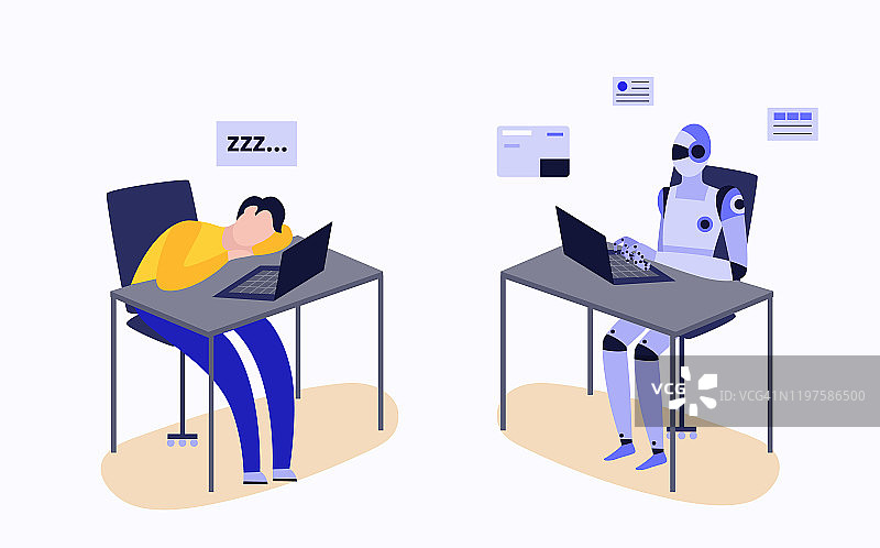 人类和机器人在笔记本电脑桌前工作，疲惫的人和高效的半机械人图片素材