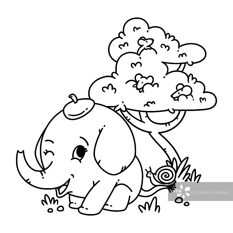 戴着帽子的大象，尾巴上有蜗牛，树上有老鼠。卡通动物角色矢量插图孤立的白色背景。用于涂色书页和书籍。图片素材