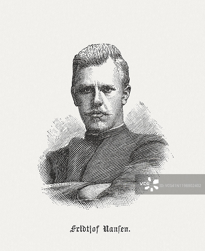 弗里德乔夫·南森(1861-1930)，挪威探险家，木刻，1898年出版图片素材