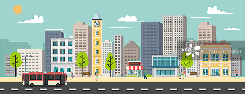 城市景观和公司建筑，小巴和货车街道矢量插图。商业大厦和城市公共汽车站。有天空背景的智慧城市图片素材