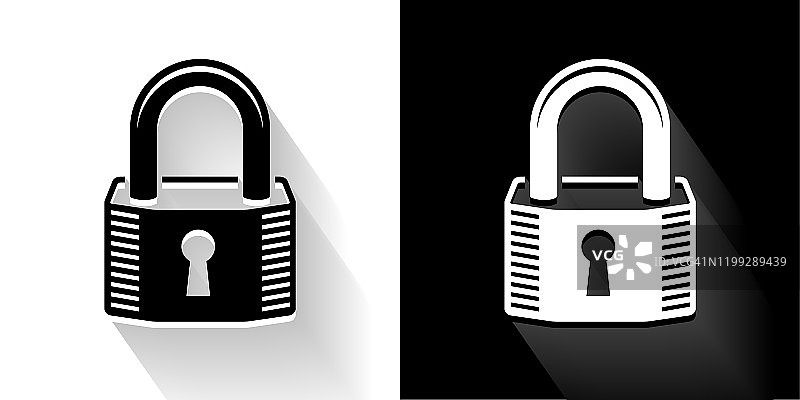 安全锁黑色和白色图标与长影子图片素材