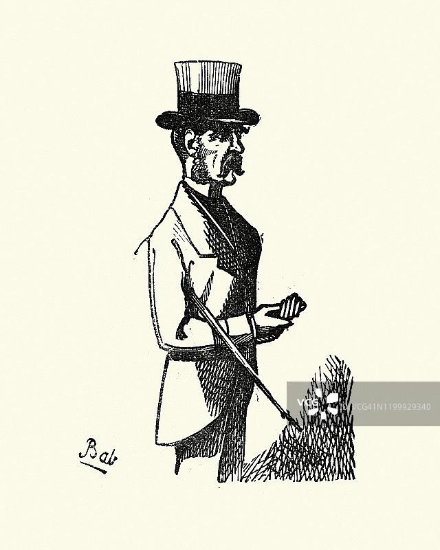 穿着时髦的男人戴着大礼帽，维多利亚时代的伦敦人物，1850年代图片素材