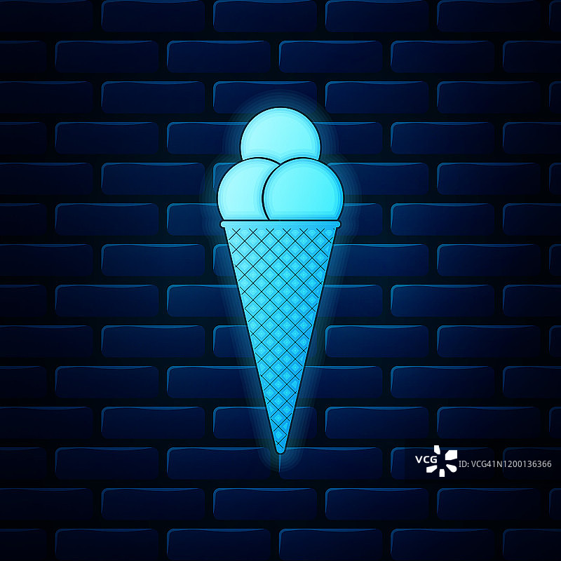 霓虹灯冰淇淋华夫蛋筒图标孤立在砖墙背景。矢量图图片素材