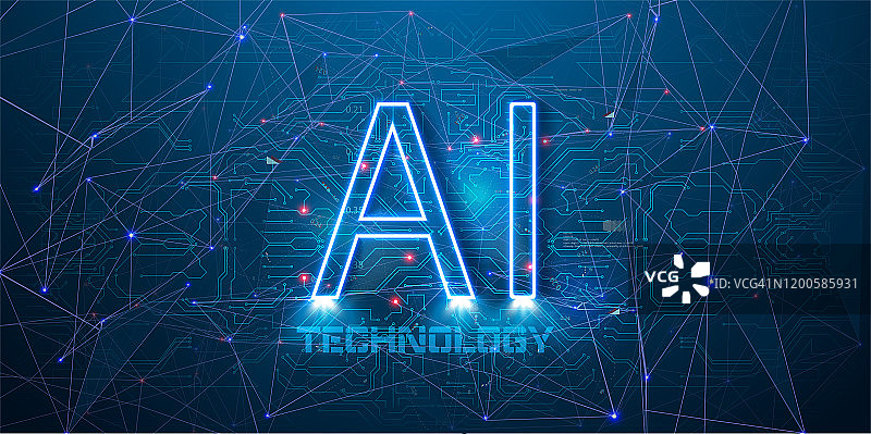 人工智能(AI)与蓝色霓虹灯AI文本印刷电路板的背景说明。摘要网络技术和自动化的概念。未来,机器人。横幅现代图片素材