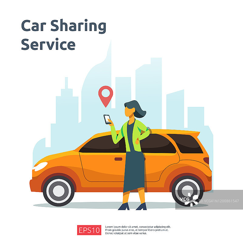 汽车共享插图概念。在线出租车或租赁交通使用智能手机服务应用程序与字符和路线点的位置上的gps地图着陆页，横幅，web, UI，传单图片素材