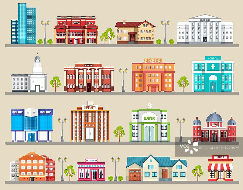 平面彩色矢量城市建筑信息图形图标背景概念设计。建筑结构:法院、住宅、博物馆、摩天大楼、医院、酒店、歌剧院、剧院。向量的城市景观图片素材