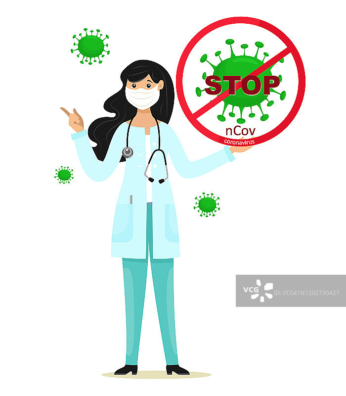冠状病毒。新型冠状病毒(2019-nKoV)，女医生戴着白色医用口罩。冠状病毒检疫的概念。图片素材