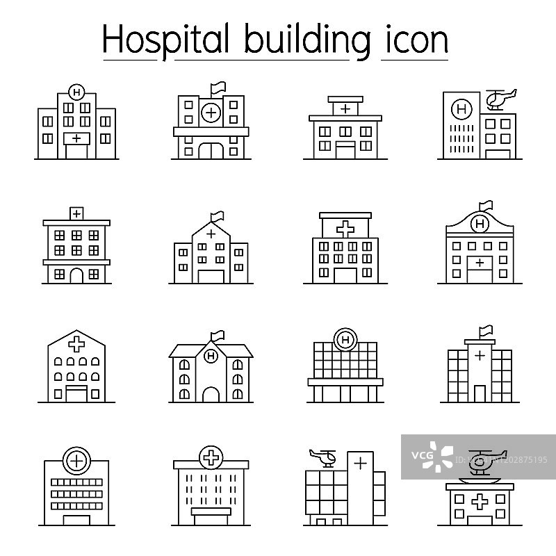 医院大楼、医疗中心的图标设置在细线风格图片素材